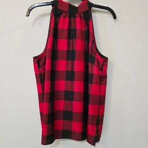 NWT Talbots Womens Red Black Buffalo Plaid Tie Neck Halter Top Blouse Size 12